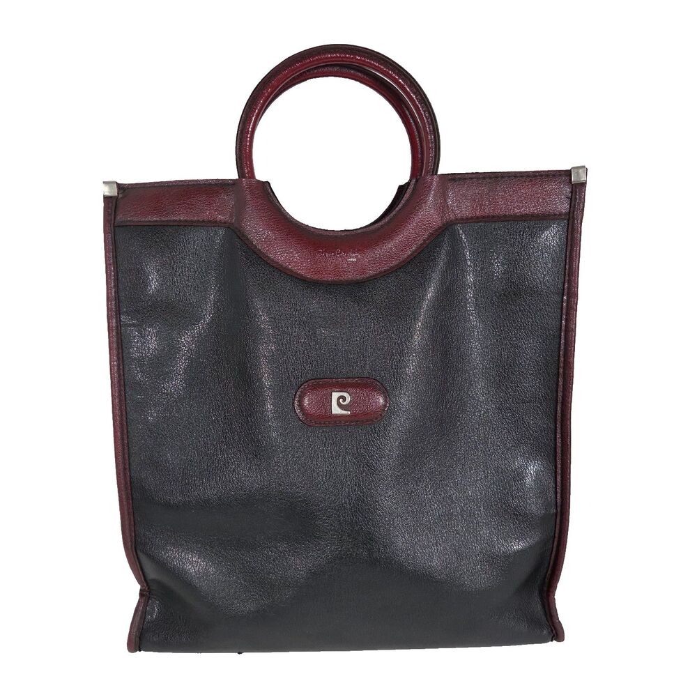 VTG 70s 80s Pierre Cardin Shopper Tote Black Burgundy Handbag 16"H x 14.5"W